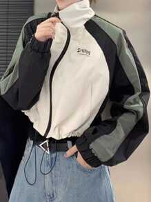 DAZY 女式撞色块正面拉链字母印花休闲夹克 - 彩色 - 查看 1