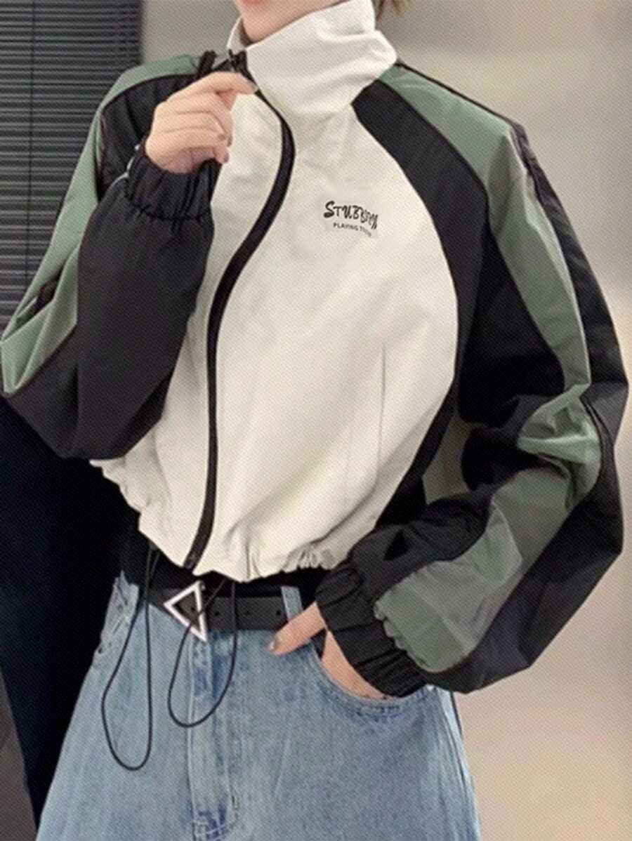 DAZY 女式撞色块正面拉链字母印花休闲夹克 - 彩色 - 查看 1