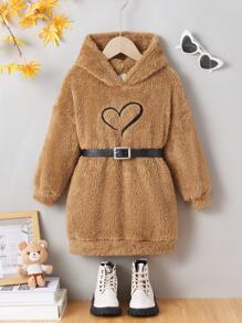 SHEIN Sweatshirt Rajut Polos Berbulu dengan Bordir Grafis untuk Anak Perempuan, Cocok untuk Musim Gugur/Dingin - Khaki - View 3