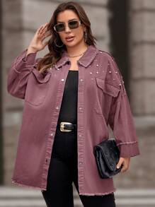 SHEIN LUNE Plus Size Women's Casual Loose Fit Faux Pearl Decorated Drop Shoulder Long Sleeve Jacket, Spring/Autumn Winter Fall - Redwood - View 1
