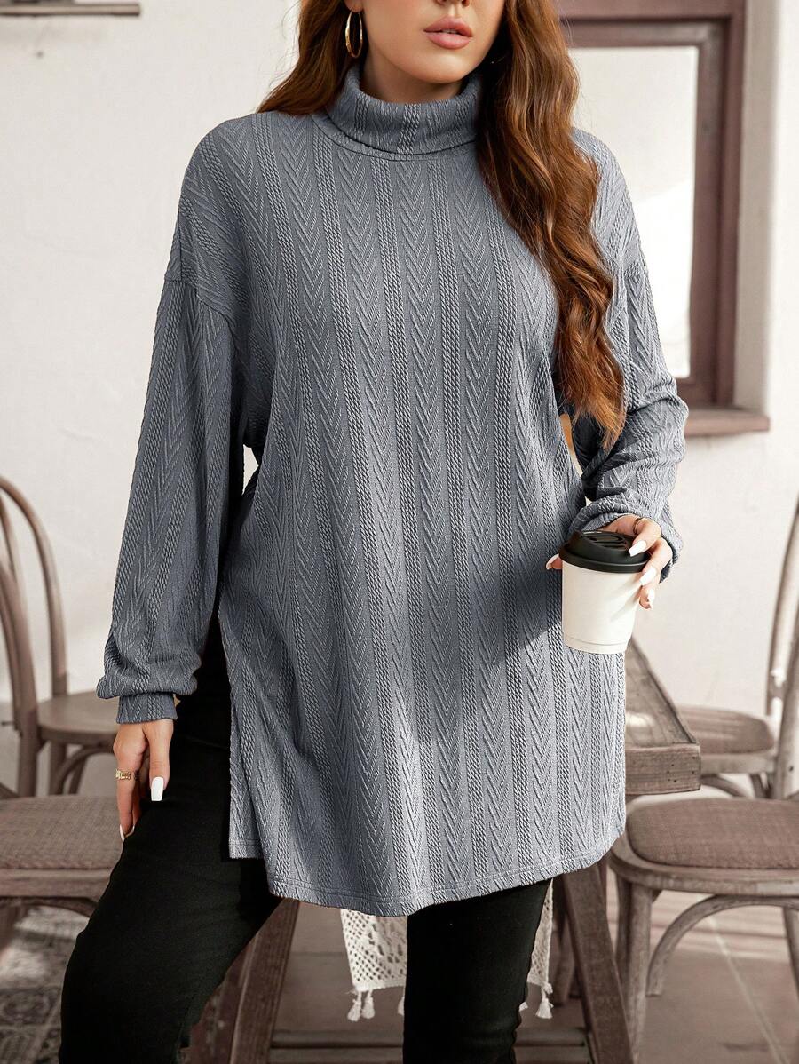 SHEIN LUNE 大码休闲宽松高领开衩下摆 T 恤，秋季 - 灰色 - 查看 1