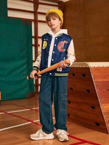 SHEIN Explorewe Tween Boy Contrast Color Letter & Smiling Face Graphic Baseball Jacket - Multicolor - View 5