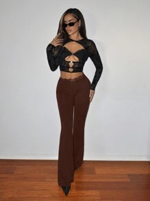 SHEIN ICON Quần ống loe thường ngày viền ren ôm vừa vặn dành cho nữ - màu nâu - Xem 5