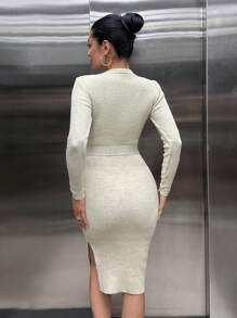 SHEIN Cottnline Women Bodycon Sweater Midi Dress With Belt Detail - Beige - View 5