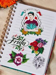 Frida Kahlo X SHEIN Paquete de 55 pegatinas con motivos florales y de letras, para regalar - Multicolor - Ver 5