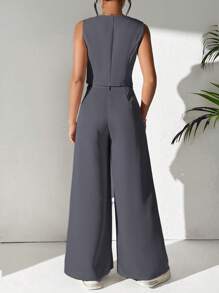 Chiquease Bộ vest màu trơn giản dị và quần ống rộng xếp ly, đa năng cho công việc mùa xuân và mùa hè và thời trang dạo phố - Màu xám đen - Xem 2