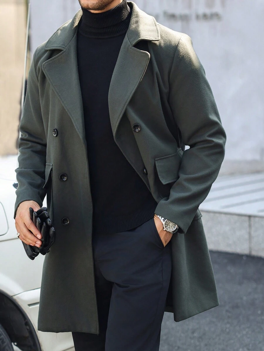 Manfinity CasualCool 男士双排扣纯色羊毛混纺大衣，男士风衣，男士大衣，秋冬男士服装，冬季男士大衣 - 墨綠色 - 查看 1