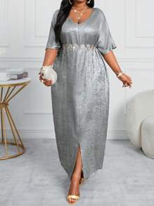 SHEIN Lady Plus Size V-Neck Short Sleeve Simple Glossy Split Maxi Casual Dress - Silver - View 5