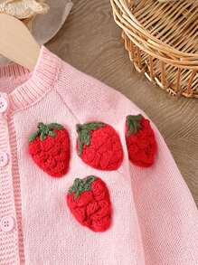 SHEIN Cute Young Girl Strawberry Pattern Raglan Sleeve Cardigan Sweater - Pink - View 6