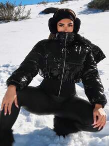 SHEIN SXY 女士休闲厚垫闪亮派对夹克外套，秋冬季保暖 - 黑色 - 查看 3