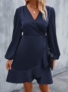 EMERY ROSE Einfarbiges Damen Outfit mit V-Ausschnitt, Kreuzwickel-Bindung und Langarm aus Satin - marineblau - Übersicht 3