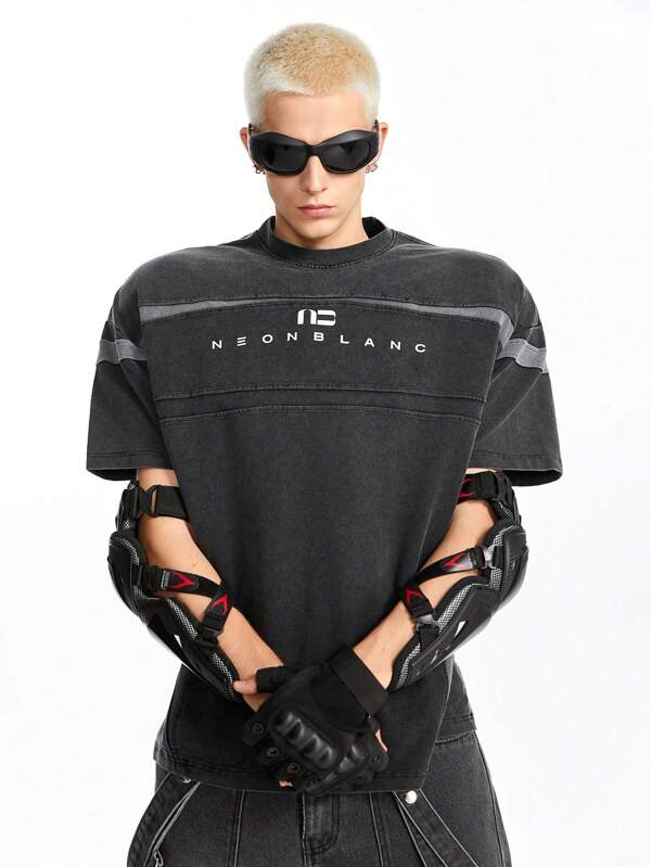 NEON BLANC Tricou bărbătesc tricotat cu model patchwork, croială lejeră, din jerseu din bumbac, cu mânecă scurtă, potrivit pentru vară, modă, rapper, școală, ținută streetwear
