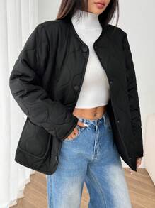 SHEIN EZwear Cardigan col rond noir et blanc pour femmes grandes tailles, doublure matelassée chaude, veste d'hiver casual pour le quotidien, l'école, les sorties