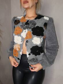 Zolique Women Autumn/Winter Long Sleeve Short Floral Patchwork Fashion Jacket - Grey - View 4
