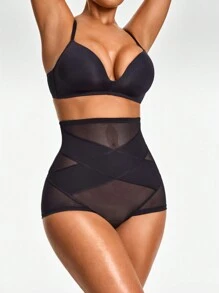 Women Solid Color High Waist Mesh Contrast Shaping Shorts