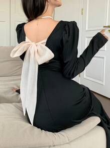 Modelyn Women's Elegant Mid-Length Black Dress With Bowknot Decor & Gigot Sleeve, Autumn & Winter Long Evening Dresses - Multicolor - View 1