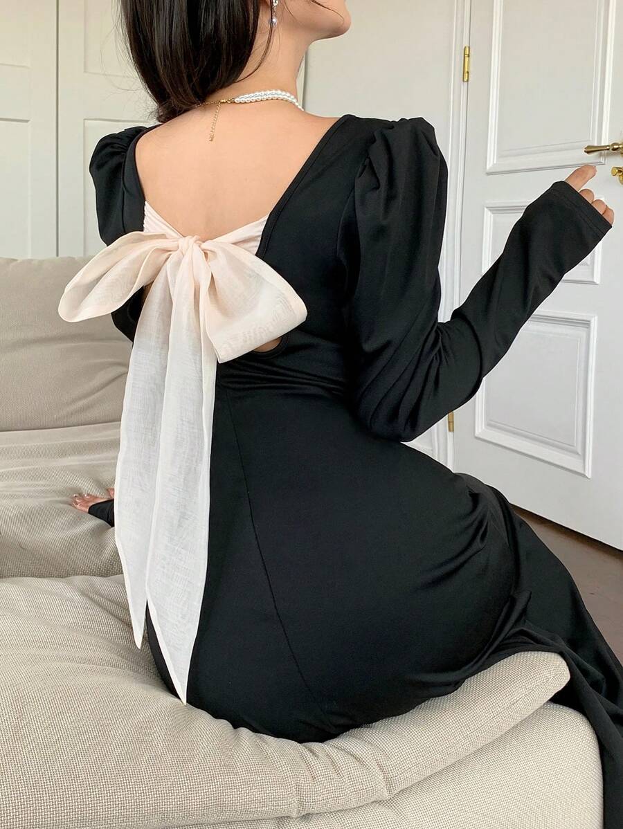 Modelyn Women's Elegant Mid-Length Black Dress With Bowknot Decor & Gigot Sleeve, Autumn & Winter Long Evening Dresses - Multicolor - View 1