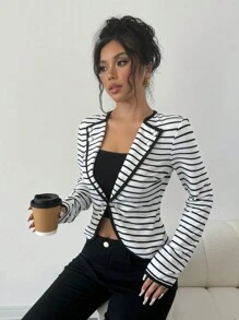 Chiquease V-Neck Striped Blazer Jacket For Women - Multicolor - View 5