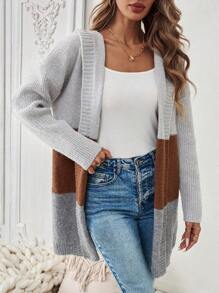 Chiquease Cardigan long à capuche avec blocs de couleur à manches longues pour femmes, vêtements d'automne/hiver