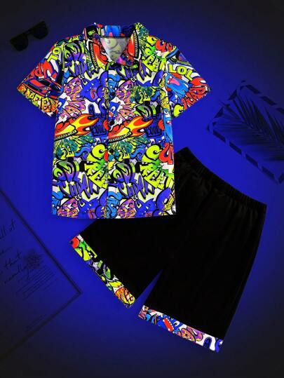 SHEIN 青少年男孩 2 件套 全身印花纽扣前衬衫和短裤 休闲时尚夏季服装