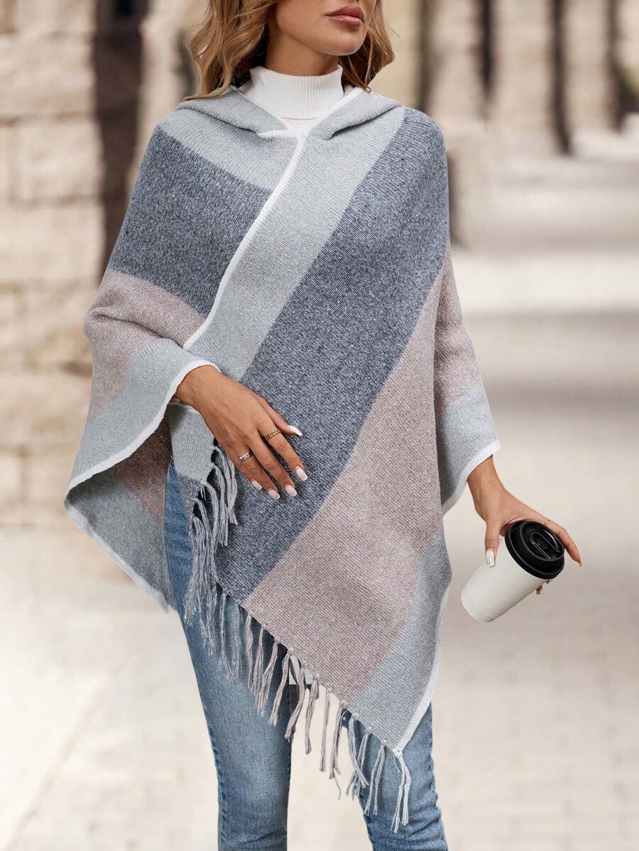 SHEIN VCAY Áo choàng trùm đầu dệt kim viền tua rua màu khối cỡ lớn dành cho nữ - Nhiều màu - Xem 1