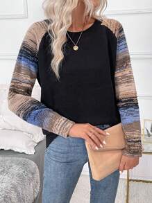 SHEIN LUNE Women's Loose Round Neck Striped Raglan Sleeve Casual Knit Sweater, Autumn/Winter, Knit Pullover Fall - Black - View 5