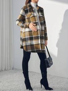 SHEIN Chaqueta camisa a cuadros con mangas largas y botones para maternidad, ropa de mujer para otoño e invierno - Marrón - Ver 6