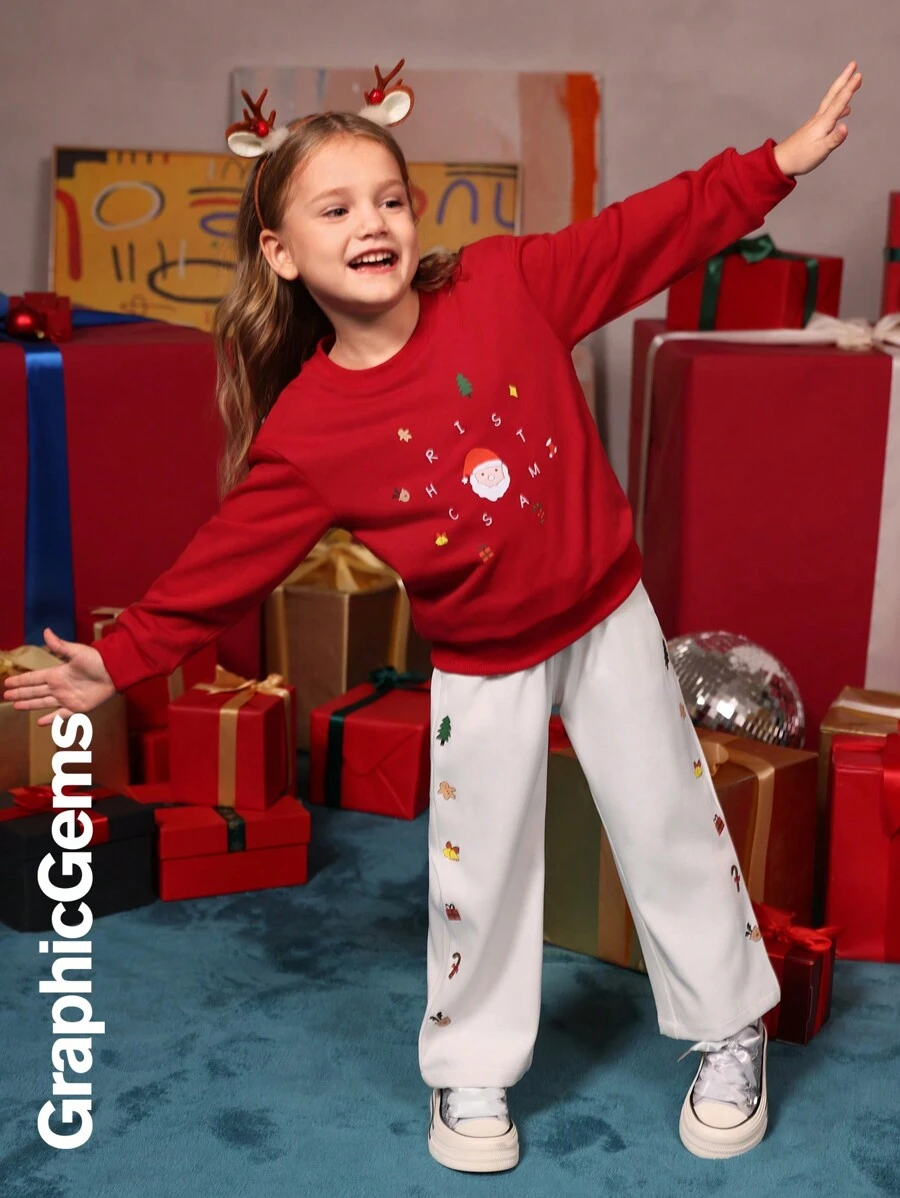 2 件女童圣诞时钟套头衫和可爱图案阔腿裤套装，圣诞装
