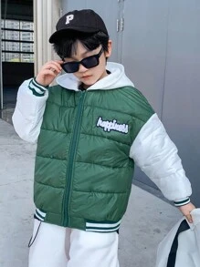 SHEIN Leap Crew Tween 男童休闲韩版厚实保暖撞色袖连帽拉链夹克派克大衣，适合通勤、上学、日常休闲、旅行、运动、春季、夏季、秋季、冬季 - 彩色 - 查看 5