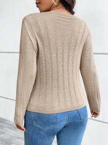 SHEIN Clasi 大码冬季单肩条纹毛衣上衣，适合度假、派对、音乐节、家居服、返校活动、作为礼物和购物、秋季毛衣、基本款上衣、优雅女装 - 卡其色 - 查看 2
