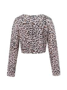 SHEIN Leap Crew Bộ 2 chiếc áo len dài tay họa tiết da báo cho bé gái tuổi mới lớn kèm quần ống loe và cà vạt - Màu Khaki - Xem 5