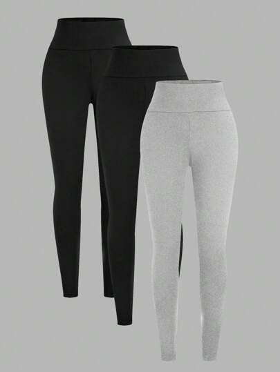 SHEIN Girlism 3 条装 Tween Girl 简约舒适合身中腰纯色弹力紧身裤