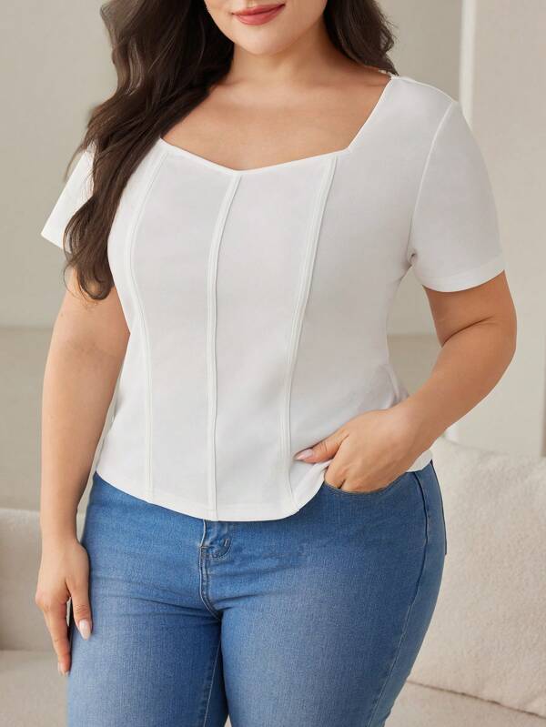 Modelyn Plus Size Women's Solid Color Sweetheart Neck Short Sleeve Casual T-Shirt