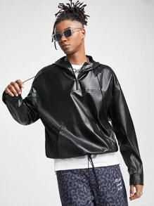 Manfinity RebelGame Men's PU Leather Loose Woven Hooded Sweatshirt - Black - View 4