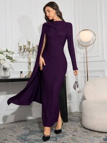 Modelyn Women Round Neck Long Sleeve Minimalist Fitted Dress Long Evening Dresses