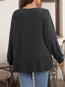 SHEIN LUNE 大码女式休闲罗纹长袖 T 恤 - 深灰色 - 查看 2