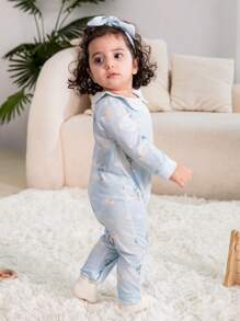 Baby Girl Elegant Tropical Balloon Pattern Collared Jumpsuit - Blue and White - View 5