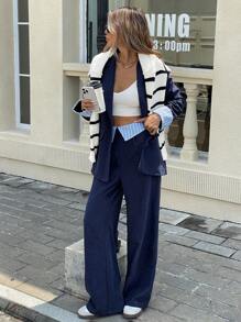 Serisse 女士撞色条纹印花长袖西装外套和高腰西装裤套装，女士服装，女士服装套装，服装套装，返校节，休闲海军蓝宽松条纹西装，秋冬老钱风格 - 藏蓝色 - 查看 7