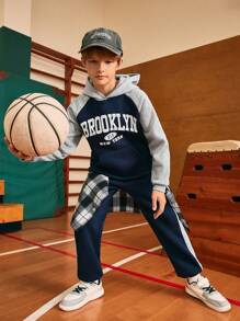 SHEIN 2pcs Casual Sweatshirt And Sweatpants Set For Tween Boys - Navy Blue - View 4
