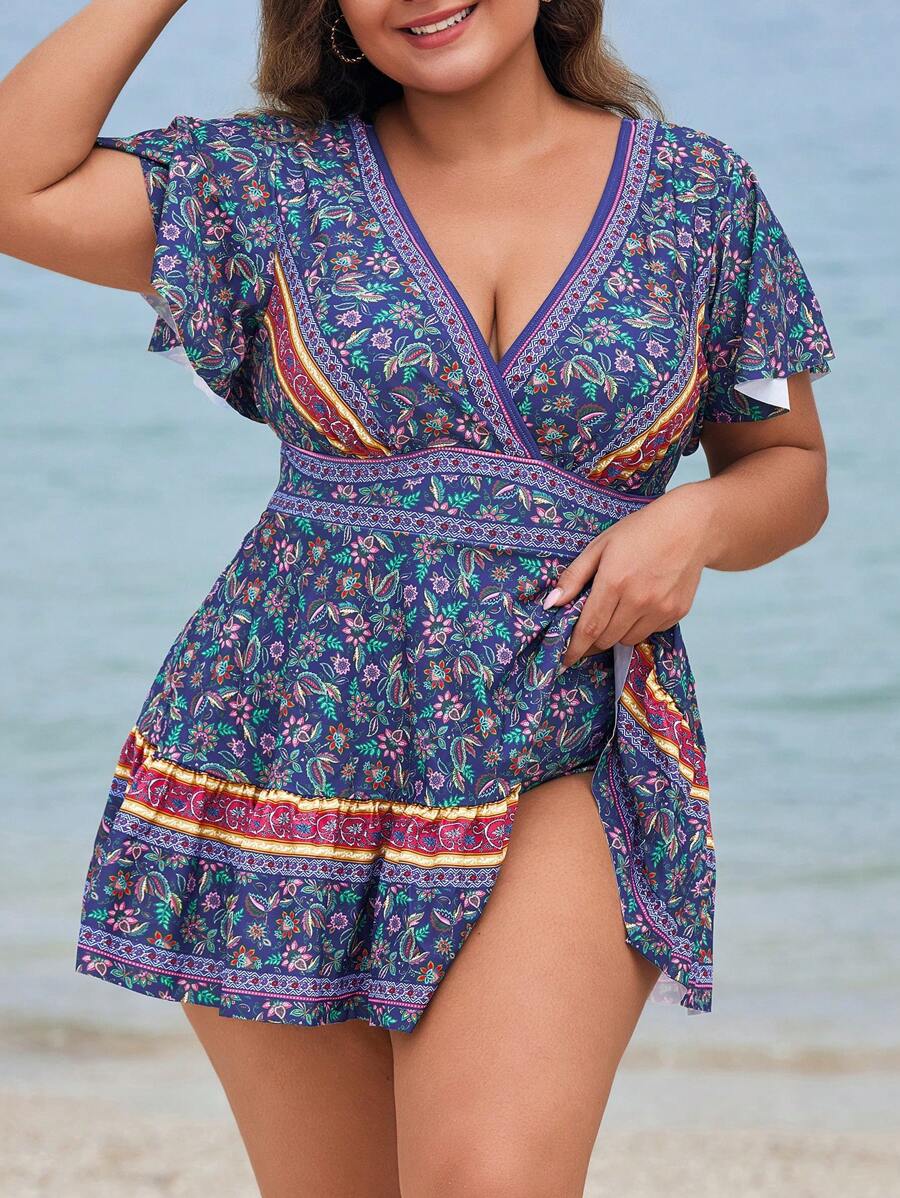 Swim Lushoire Plus Size Short Sleeve V-Neck Printed 2pcs Swimwear Set