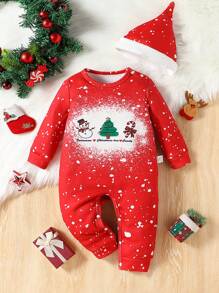 SHEIN Baby Girls Cute Snowball Graphic Fleece Jumpsuit With Hat 2pcs Homewear Pajama Set, Christmas Red - Red - View 5