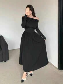 DAZY 女士优雅露肩收腰长袖纯色连衣裙，秋季，生日舞会礼服，秋季女装 - 米色 - 查看 8