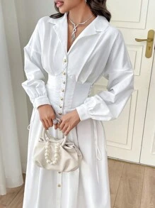 Modelyn Women's Front Button Solid Color Elegant Long Sleeve Dress Long Evening Dresses - White - View 3