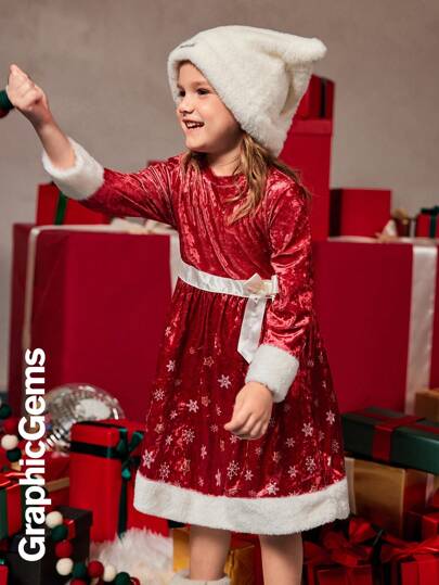 Ung flicka sammet Ombre snöflinga rosett dekor rund hals långärmad julklänning