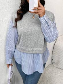 SHEIN CURVE+ 大码女式圆领长袖条纹印花弧形下摆拼布运动衫，秋装，秋季女式衬衫，秋季运动衫，法式领带 100% 纯棉蓝白条纹运动衫