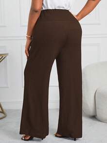 SHEIN Lady 加大码优雅休闲通勤裤采用机制面料制成，适合运动和瑜伽运动裤秋季服装正装裤 - 棕色 - 查看 2