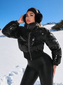 SHEIN SXY 女士休闲厚垫闪亮派对夹克外套，秋冬季保暖 - 黑色 - 查看 4