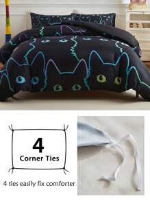 2/3 件儿童彩色条纹猫图案数码印花床上用品套装，可爱卡通儿童羽绒被套和枕套套装，适合所有季节（1/2 枕套 + 1 羽绒被套）