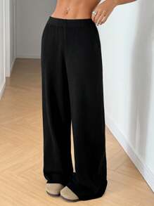 SHEIN EZwear 女士休闲纯色黑色简约毛衣裤，秋冬 - 黑色 - 查看 4