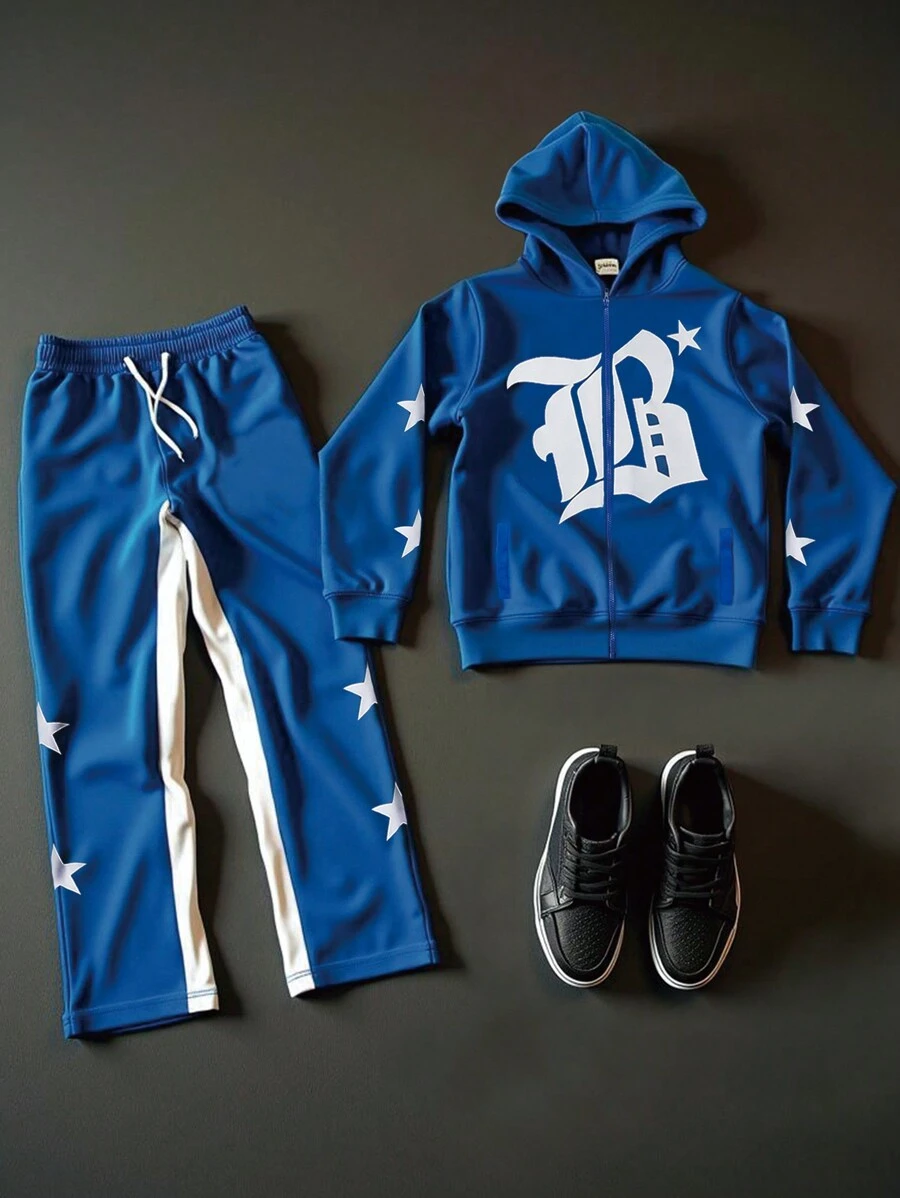Manfinity Roghcode Herren Mode Streetwear Reißverschluss Kapuzenpullover Set - Blau - Übersicht 1